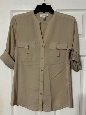 Calvin Klein Womens Sandstone Utility Button-Down Blouse